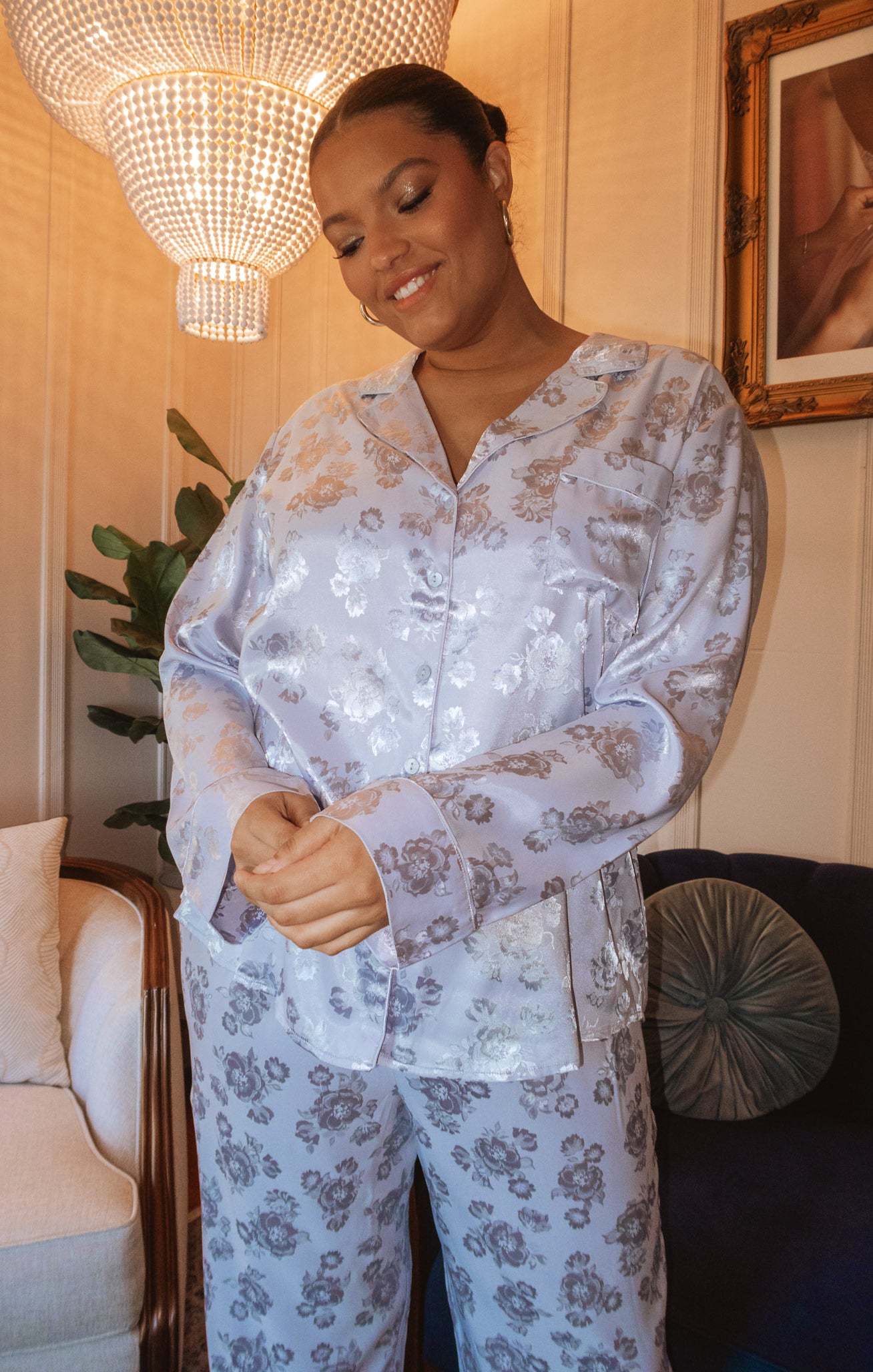 Blue Floral Silk Pajama Set - Cropped Button-Down PJs