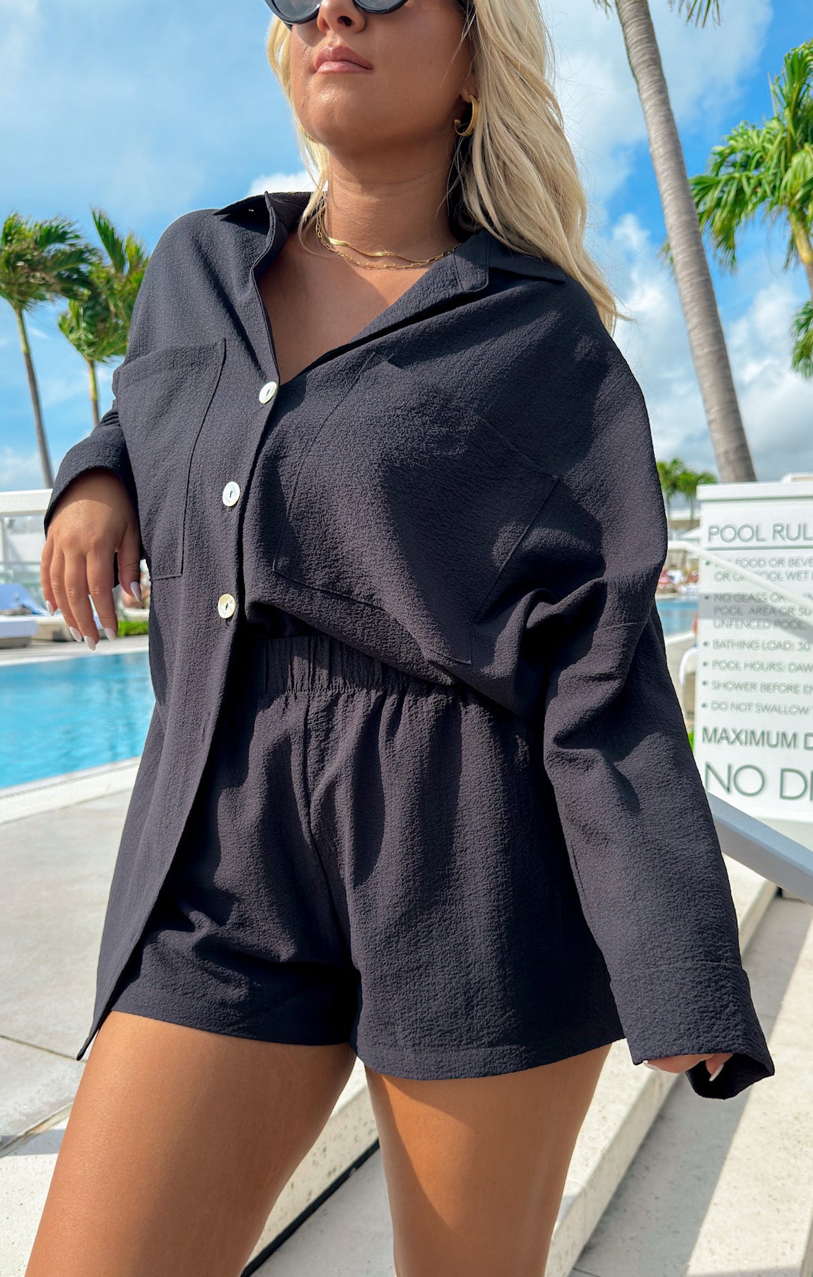 Heather McMahan Black Crinkle Flow High Waist Shorts