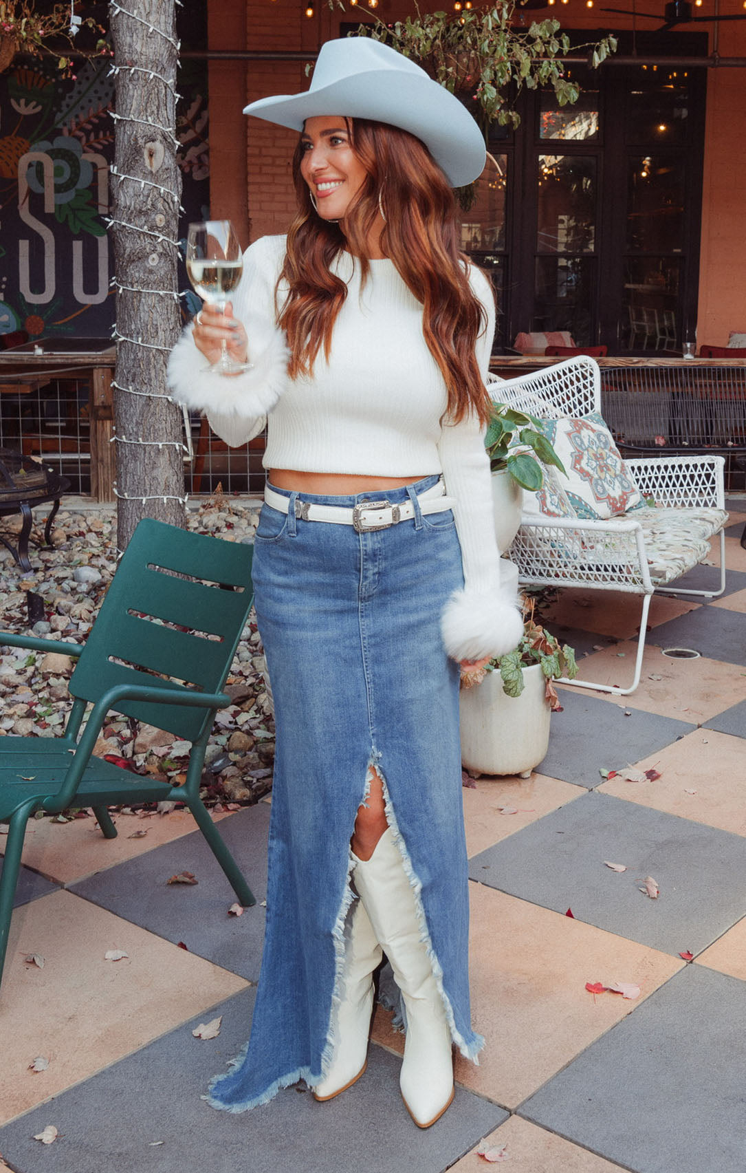 Reba High Waist Denim Maxi Skirt with Front Slit