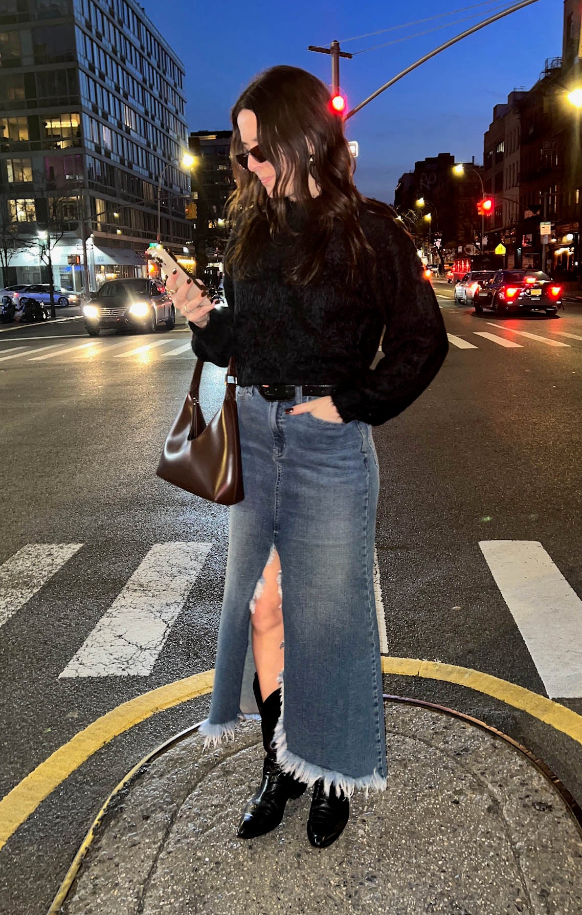 Reba High Waist Denim Maxi Skirt with Front Slit