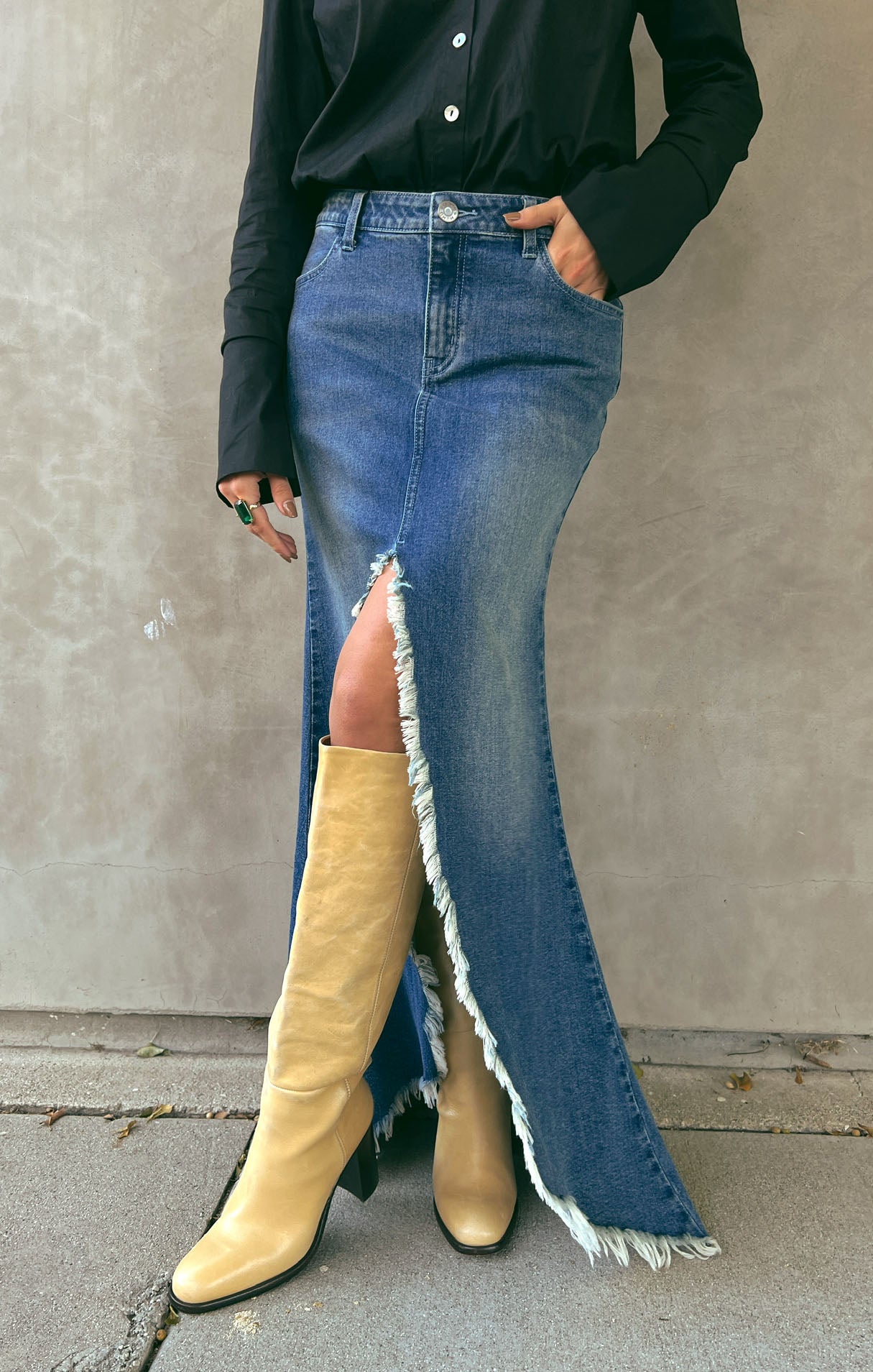 Reba High Waist Denim Maxi Skirt with Front Slit