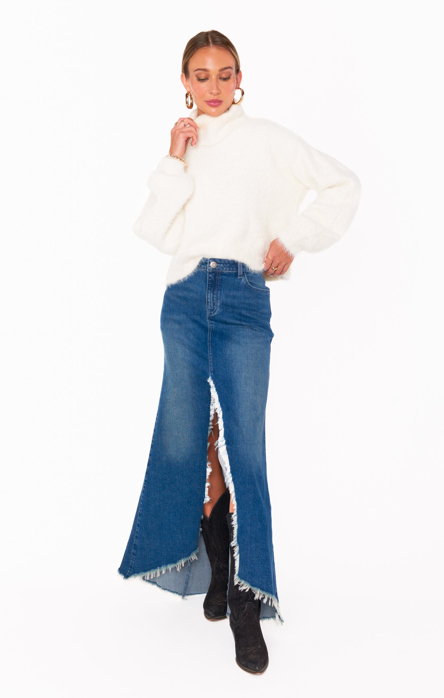 Reba High Waist Denim Maxi Skirt with Front Slit