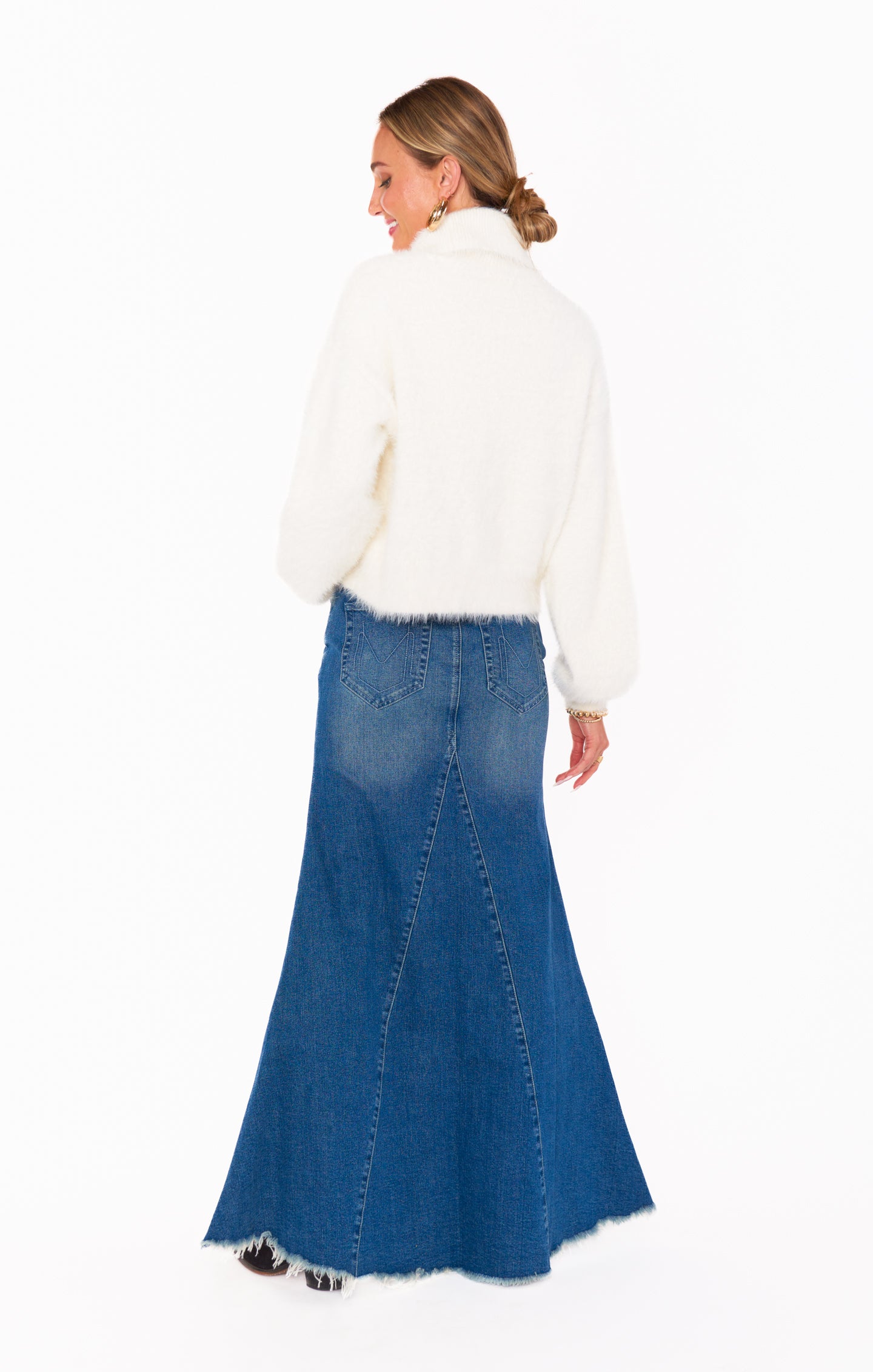 Reba High Waist Denim Maxi Skirt with Front Slit