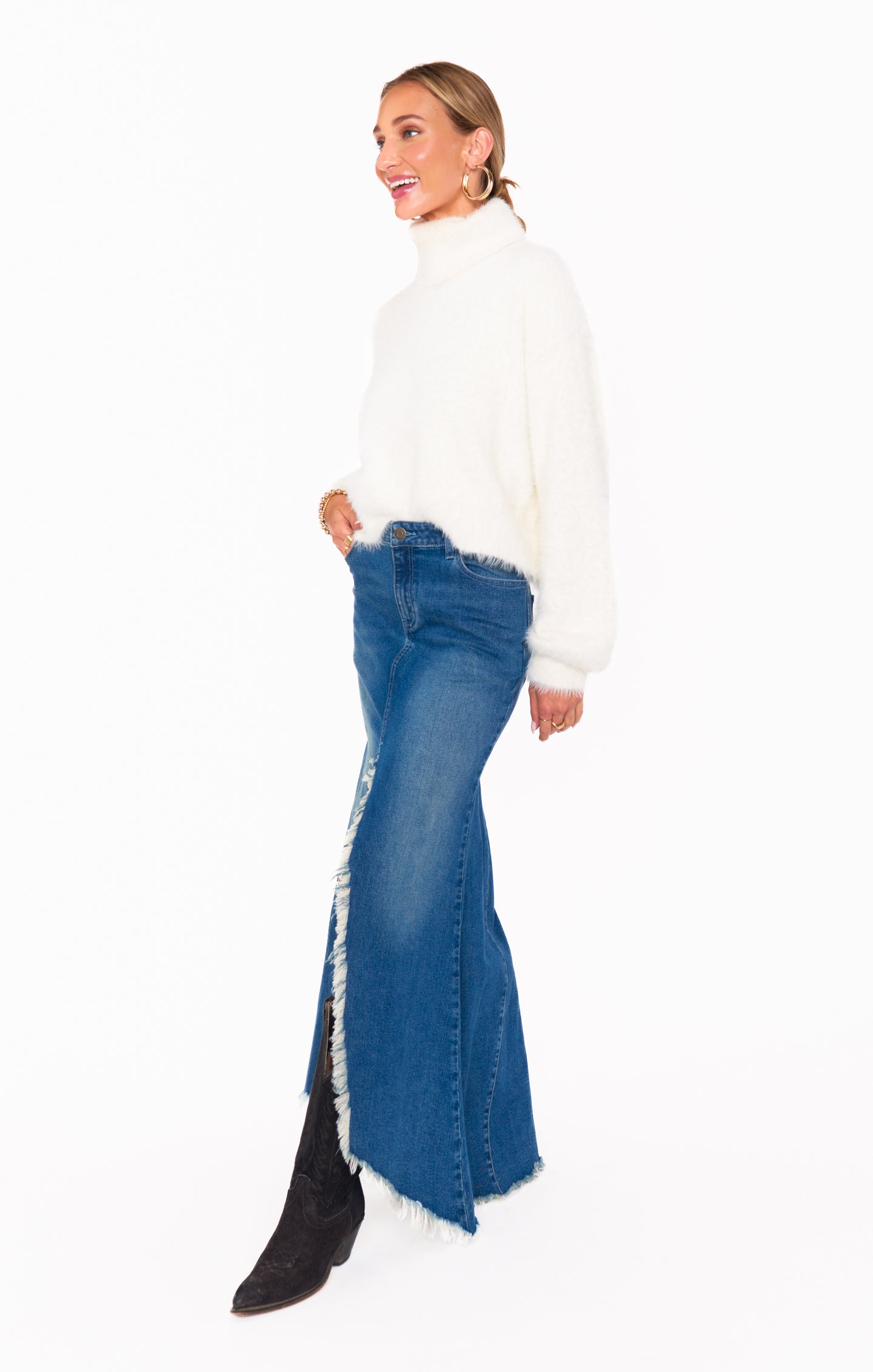 Reba High Waist Denim Maxi Skirt with Front Slit