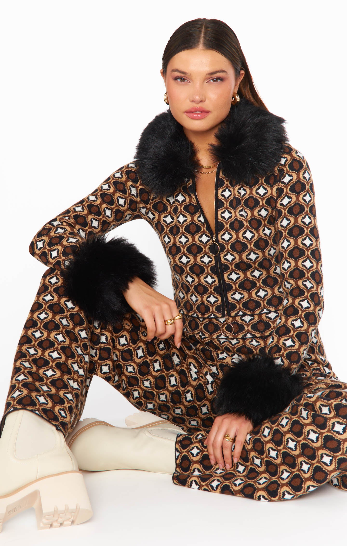 Zermatt Faux Fur Collar Sweater ~ Neutral Geo Jacquard Knit Top