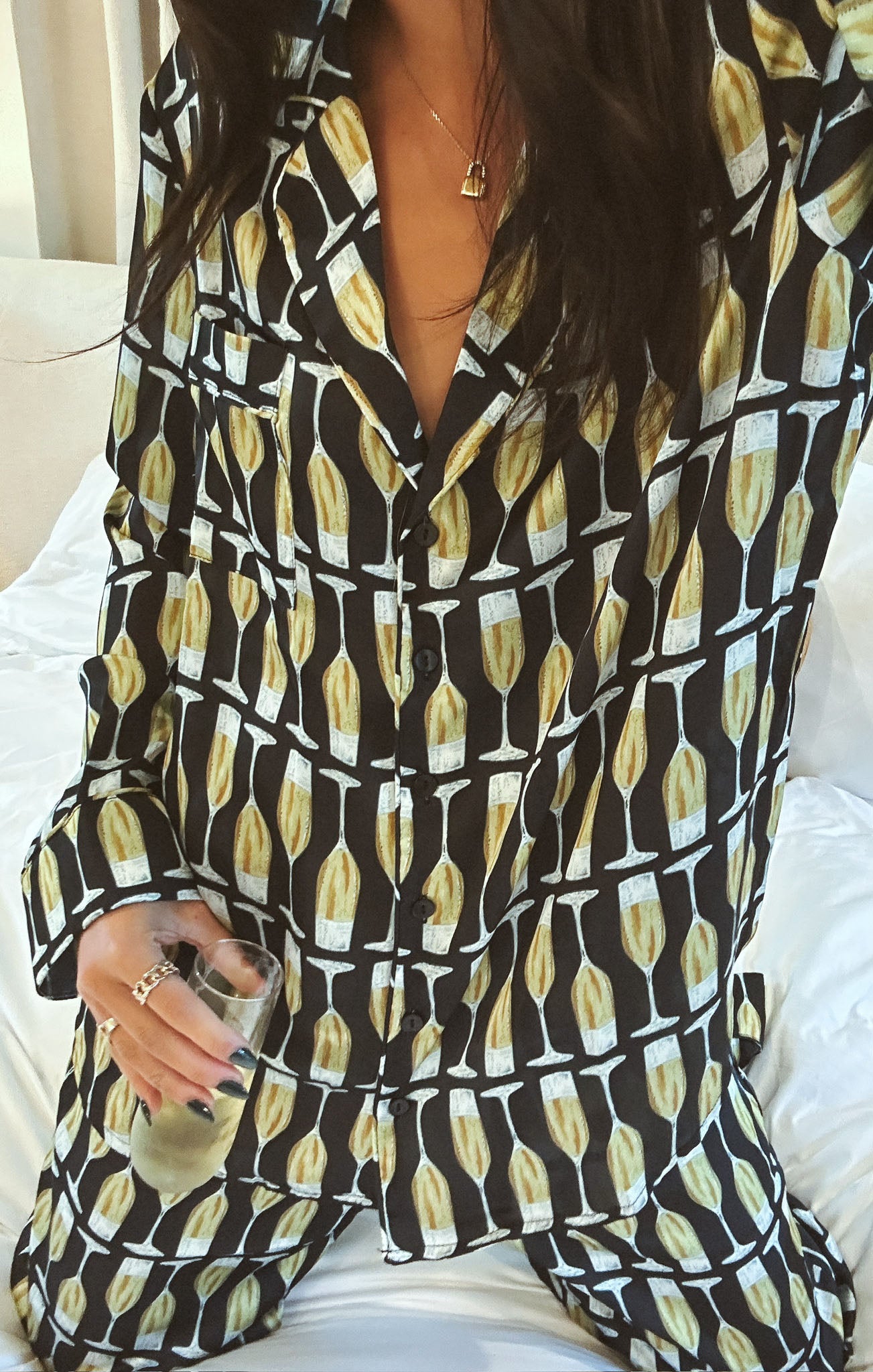 Champagne Silk Pajama Set with Drawstring Waist