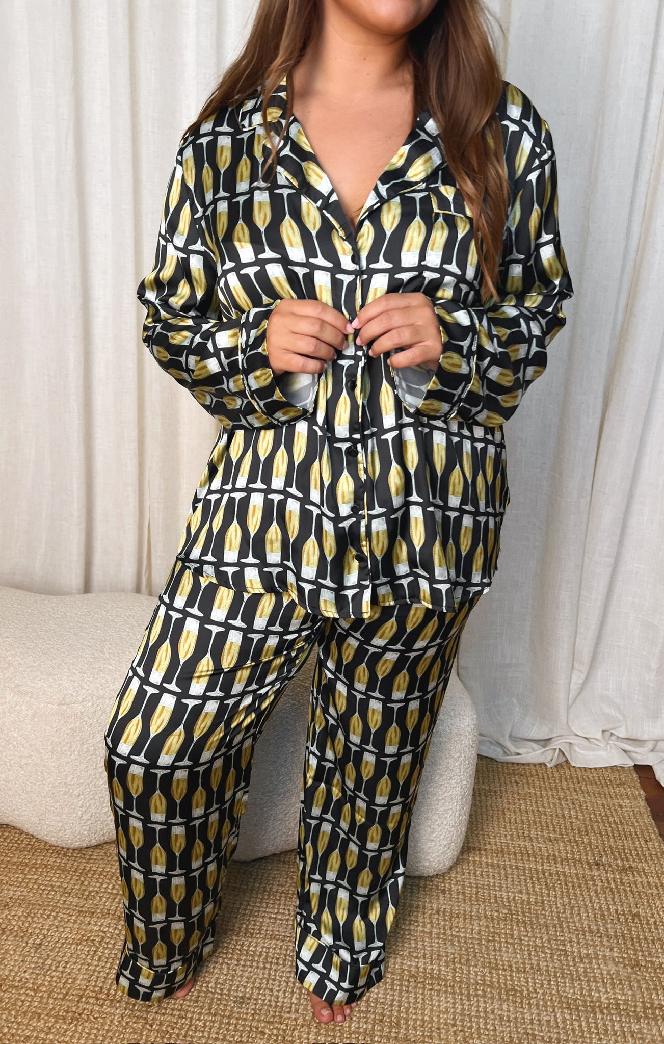 Champagne Silk Pajama Set with Drawstring Waist