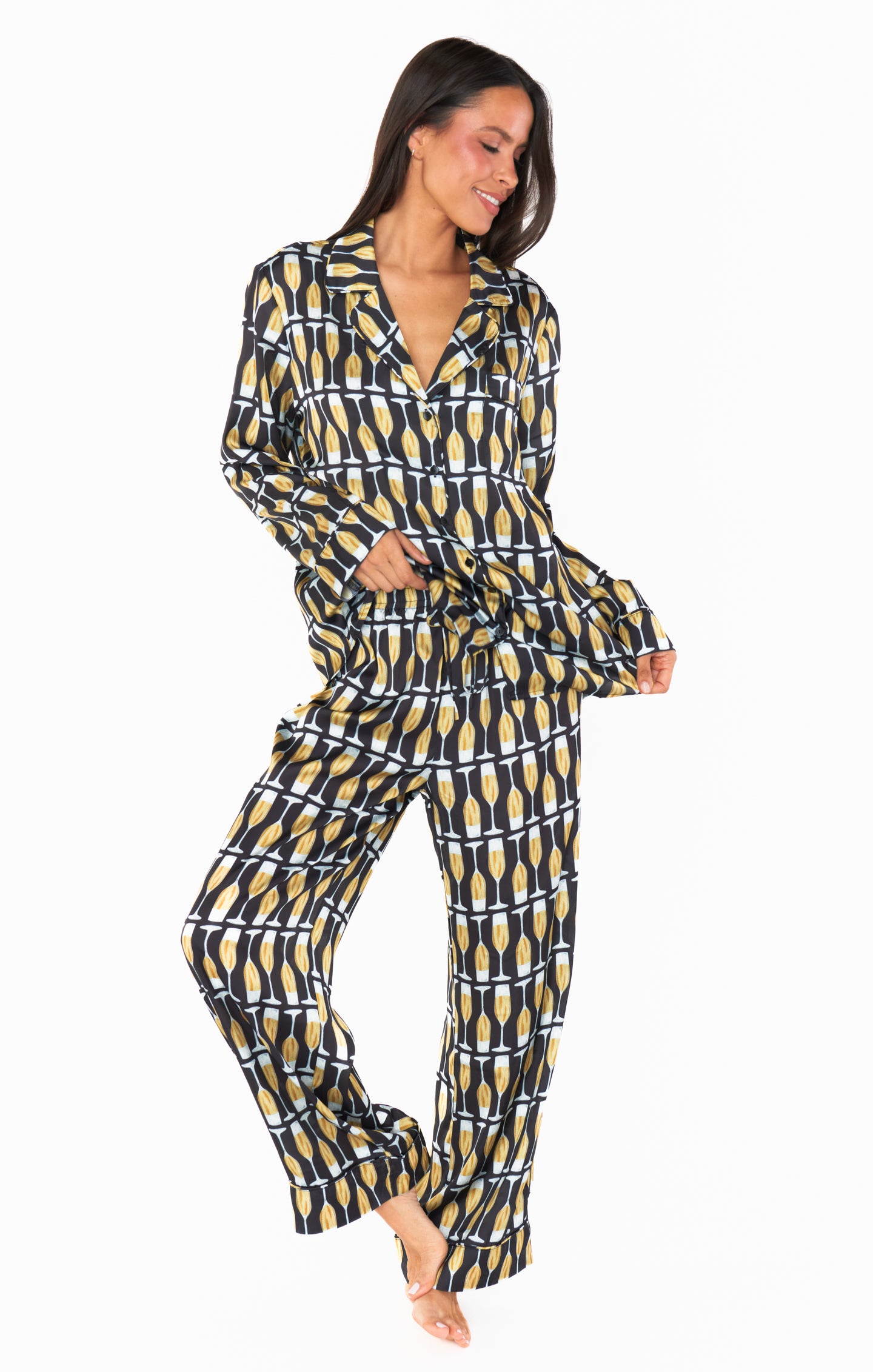 Champagne Silk Pajama Set with Drawstring Waist