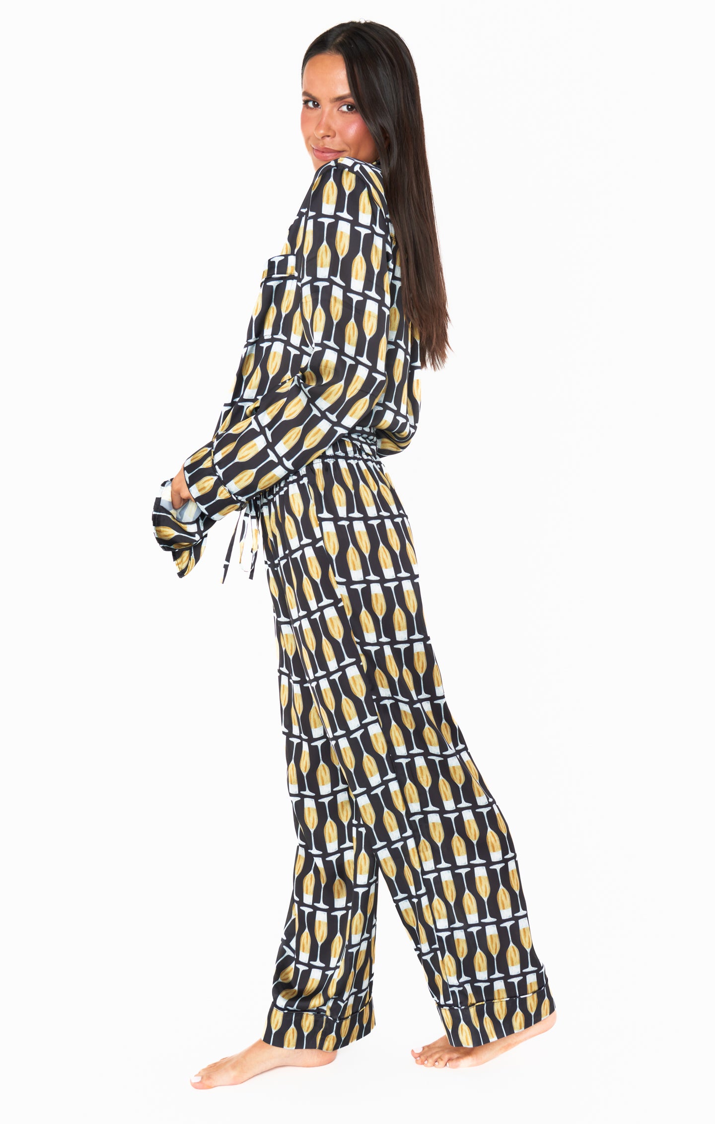 Champagne Silk Pajama Set with Drawstring Waist