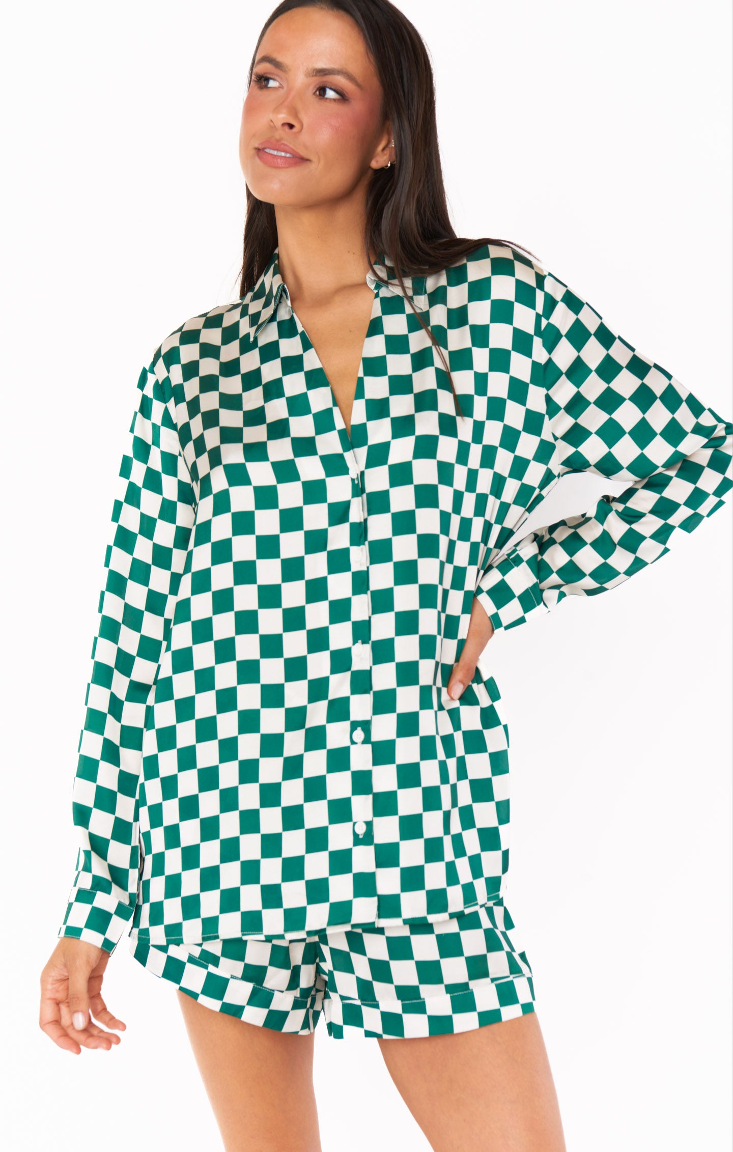 Green Checkerboard Silky Pajama Set for Women - Early Riser PJs