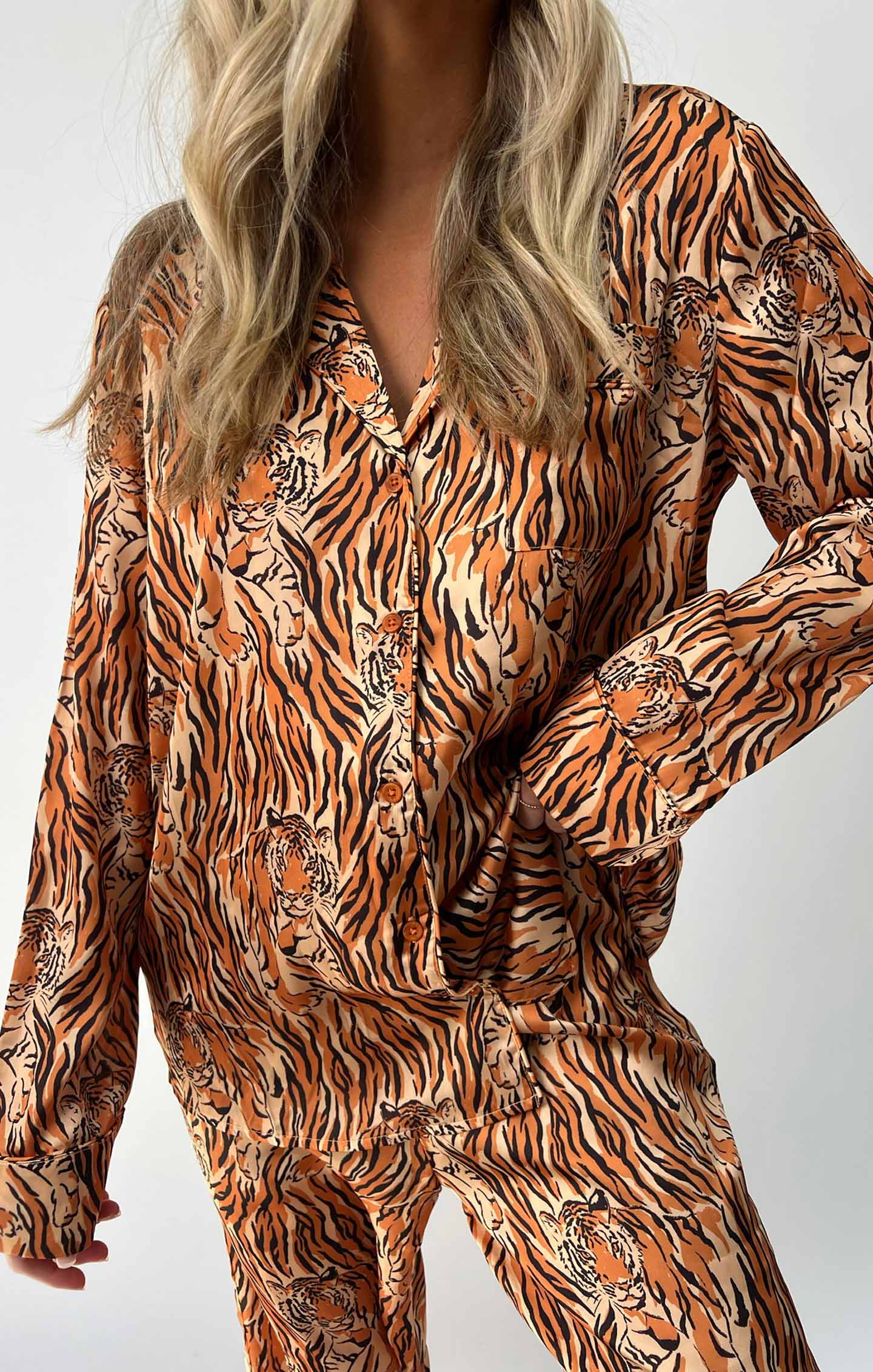 Royal Tiger Silky Pajama Set - Classic Button-Down PJs with Drawstring Waist
