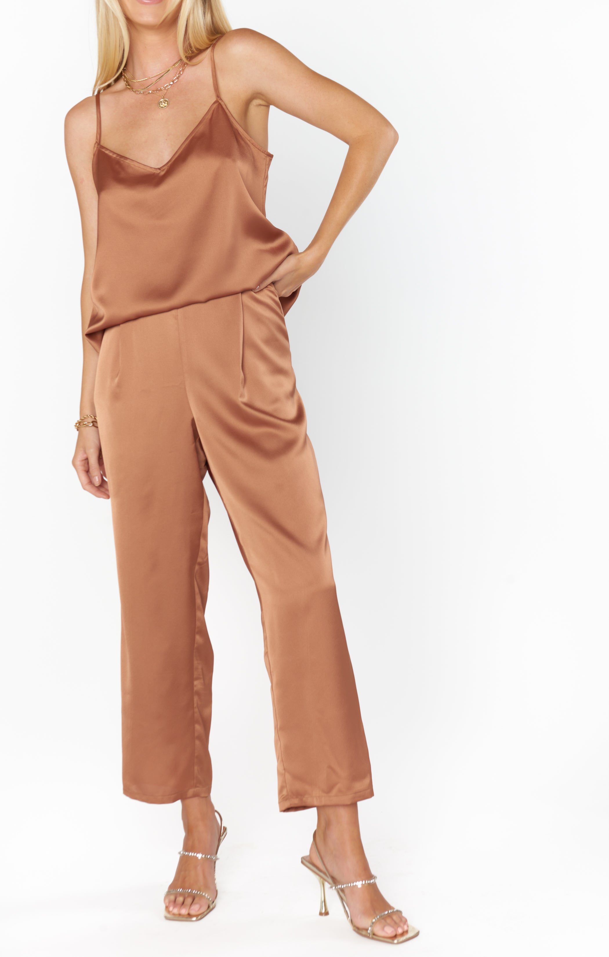 Oscar Pants in Luxe Copper Satin for Evening Wear