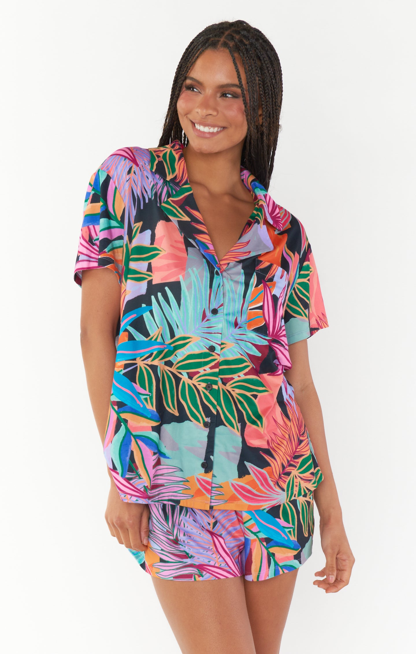 Tropical Paradise Knit Pajama Set with Pocket & Button-Down Top