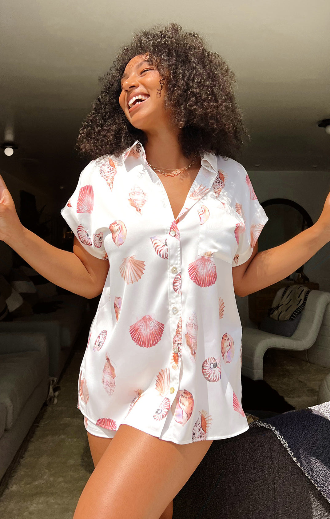 Women's White Satin Pajama Set - Button Down Top & Shorts
