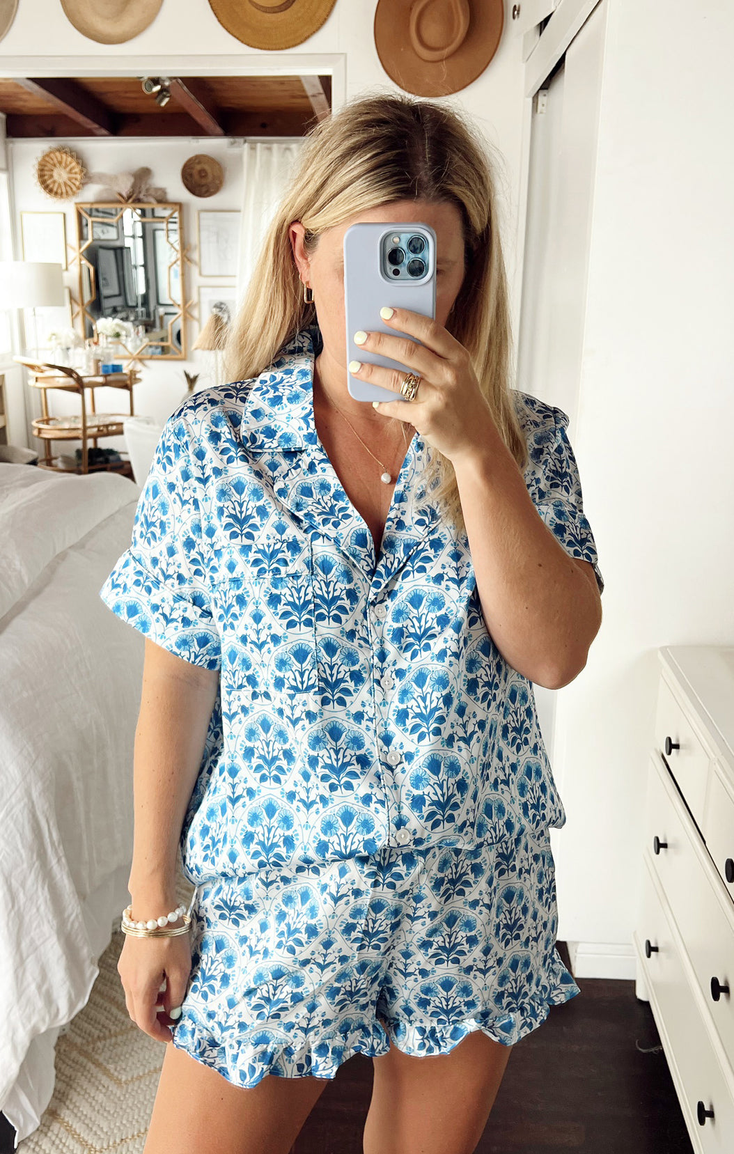 Blue Floral Pajama Set - Teagan Short Sleeve & Shorts