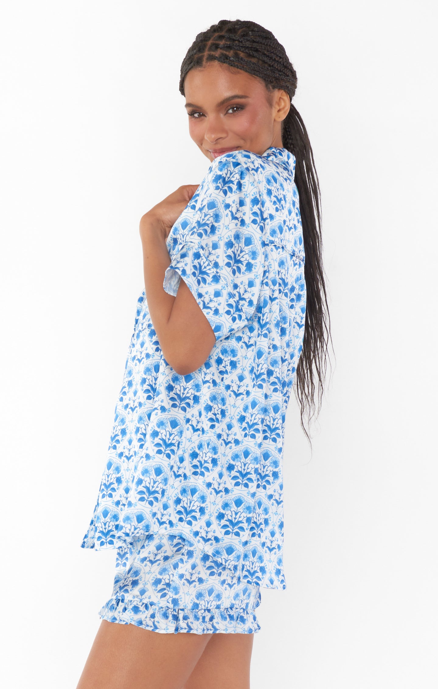 Blue Floral Pajama Set - Teagan Short Sleeve & Shorts