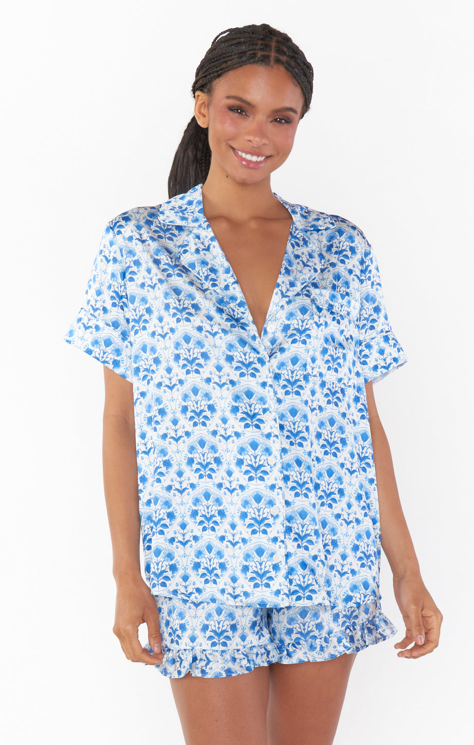 Blue Floral Pajama Set - Teagan Short Sleeve & Shorts