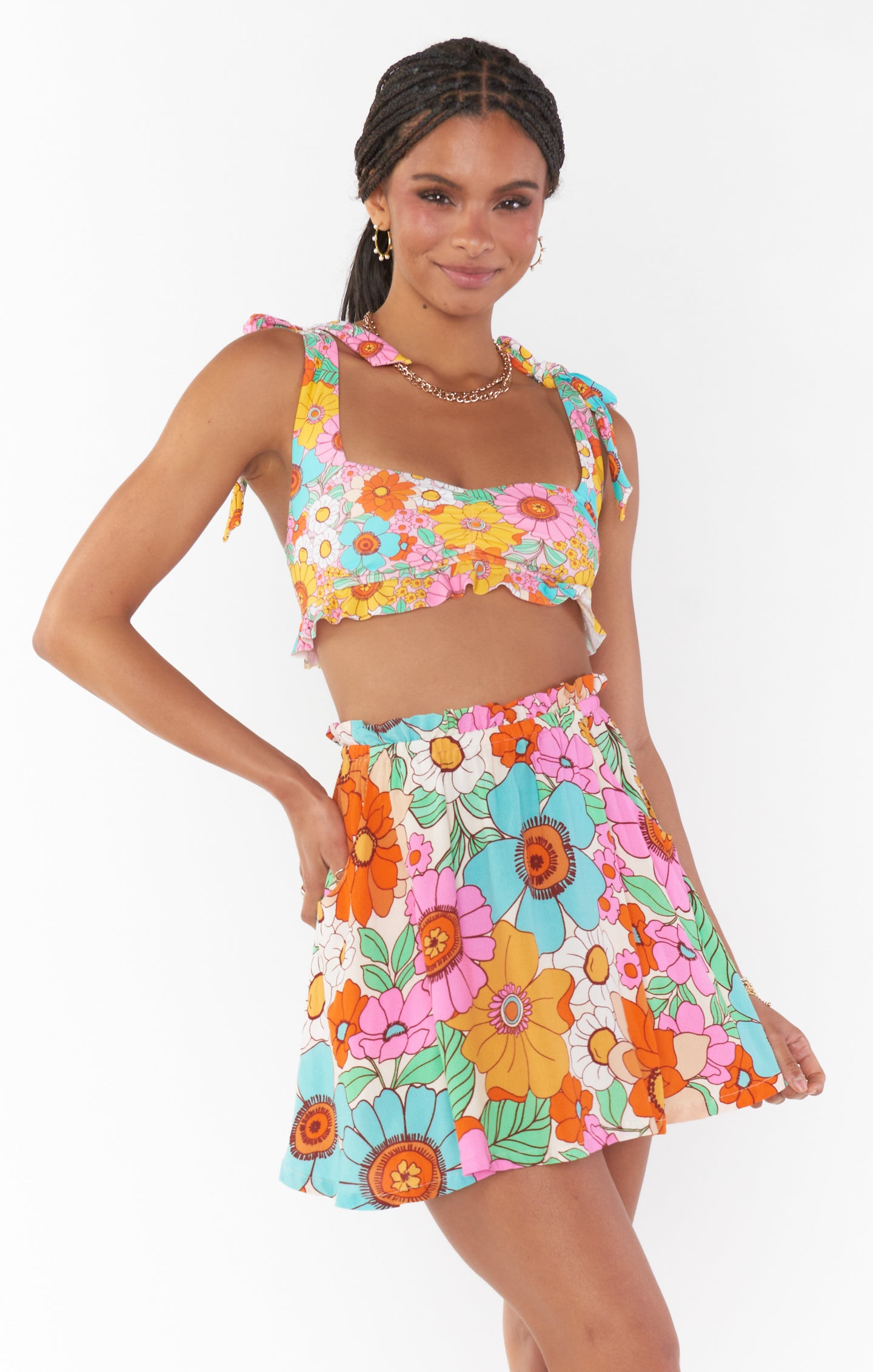 Floral Swing Skirt with Ruffled Trim & Elastic Waist