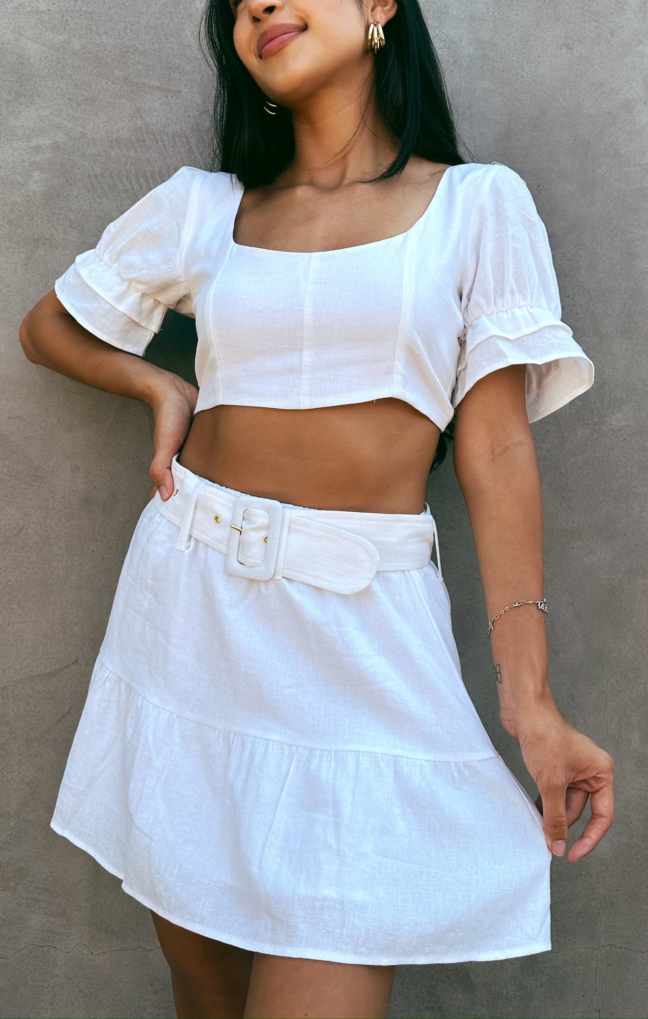 Fiona White Linen Mini Skirt with Adjustable Belt