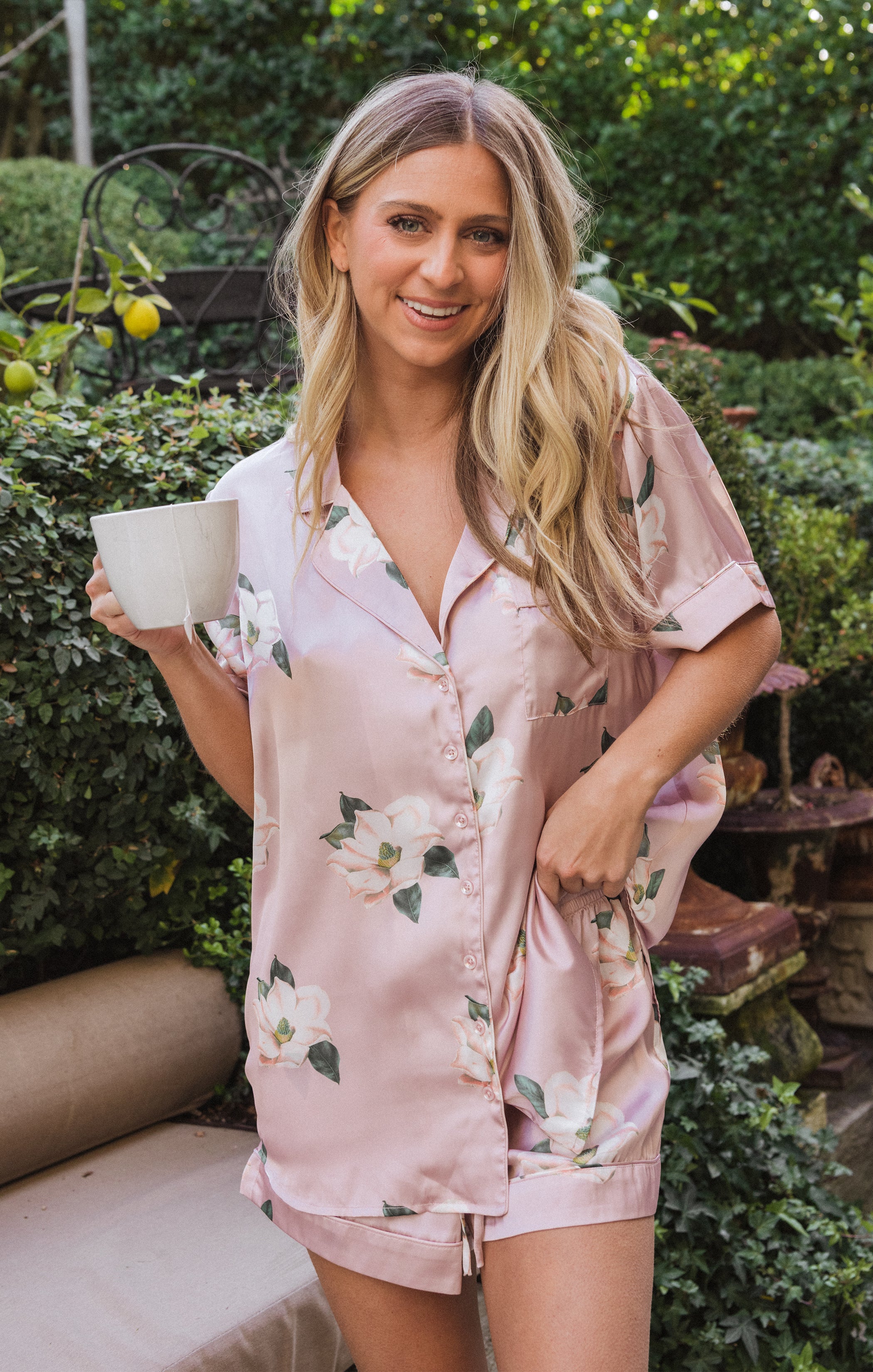 Southern Magnolia Women's Pajama Set - Button Down Top & Elastic Waist Pants