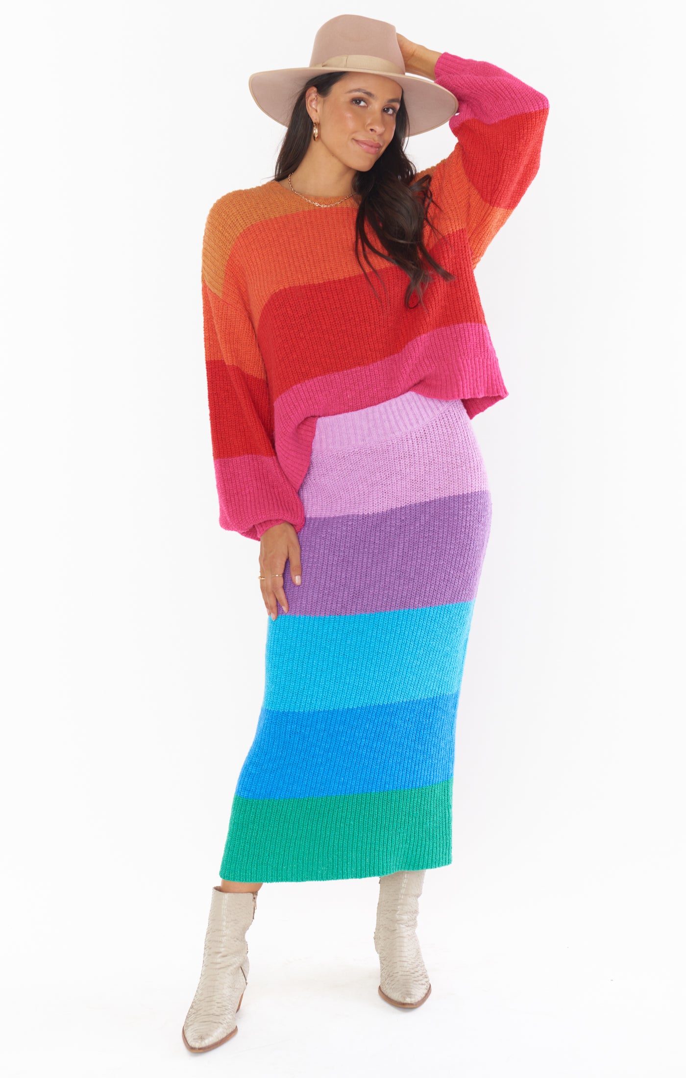 Pippa Sunset Stripe Knit Sweater Skirt - High Waisted Midi