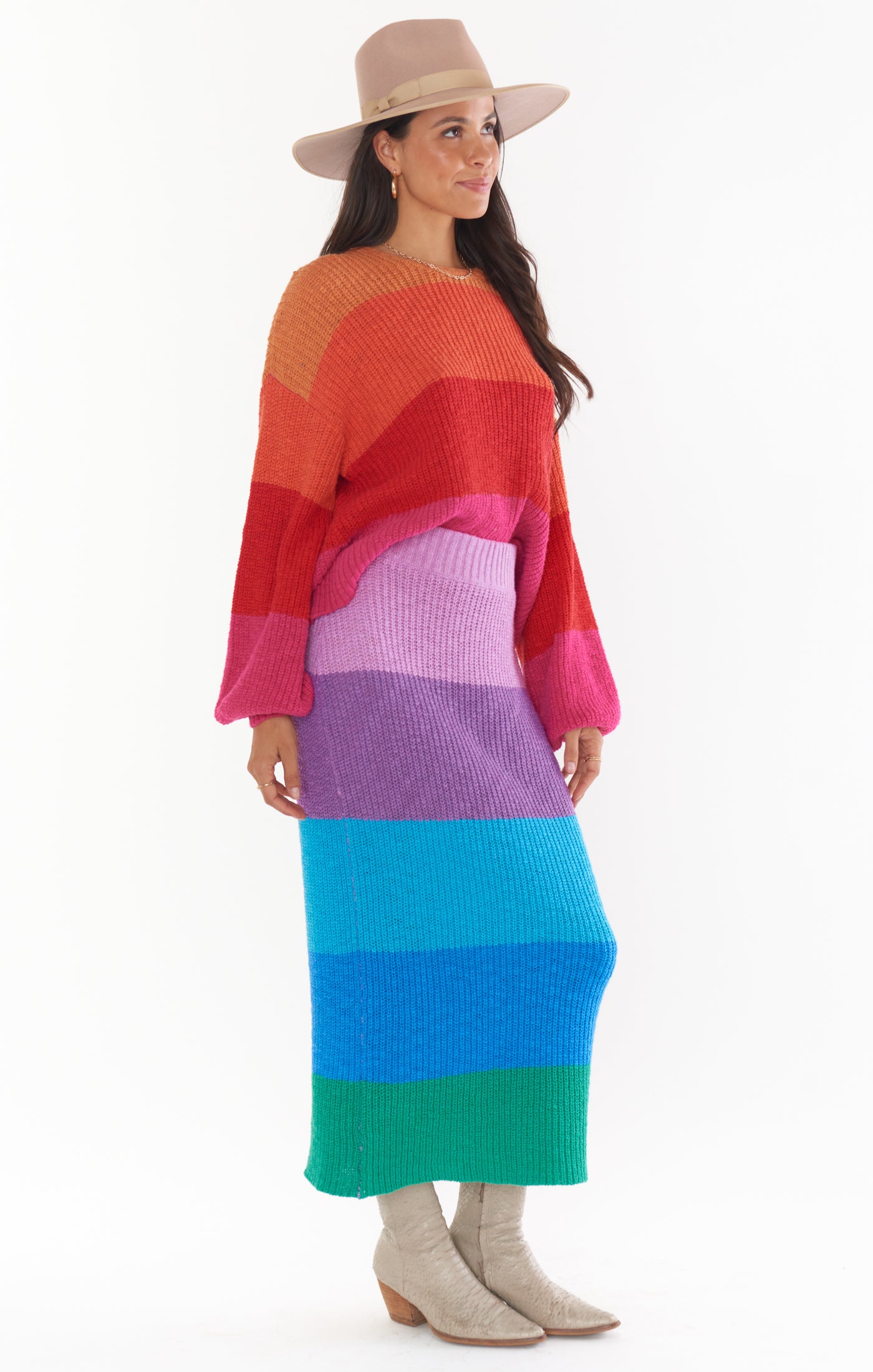 Pippa Sunset Stripe Knit Sweater Skirt - High Waisted Midi