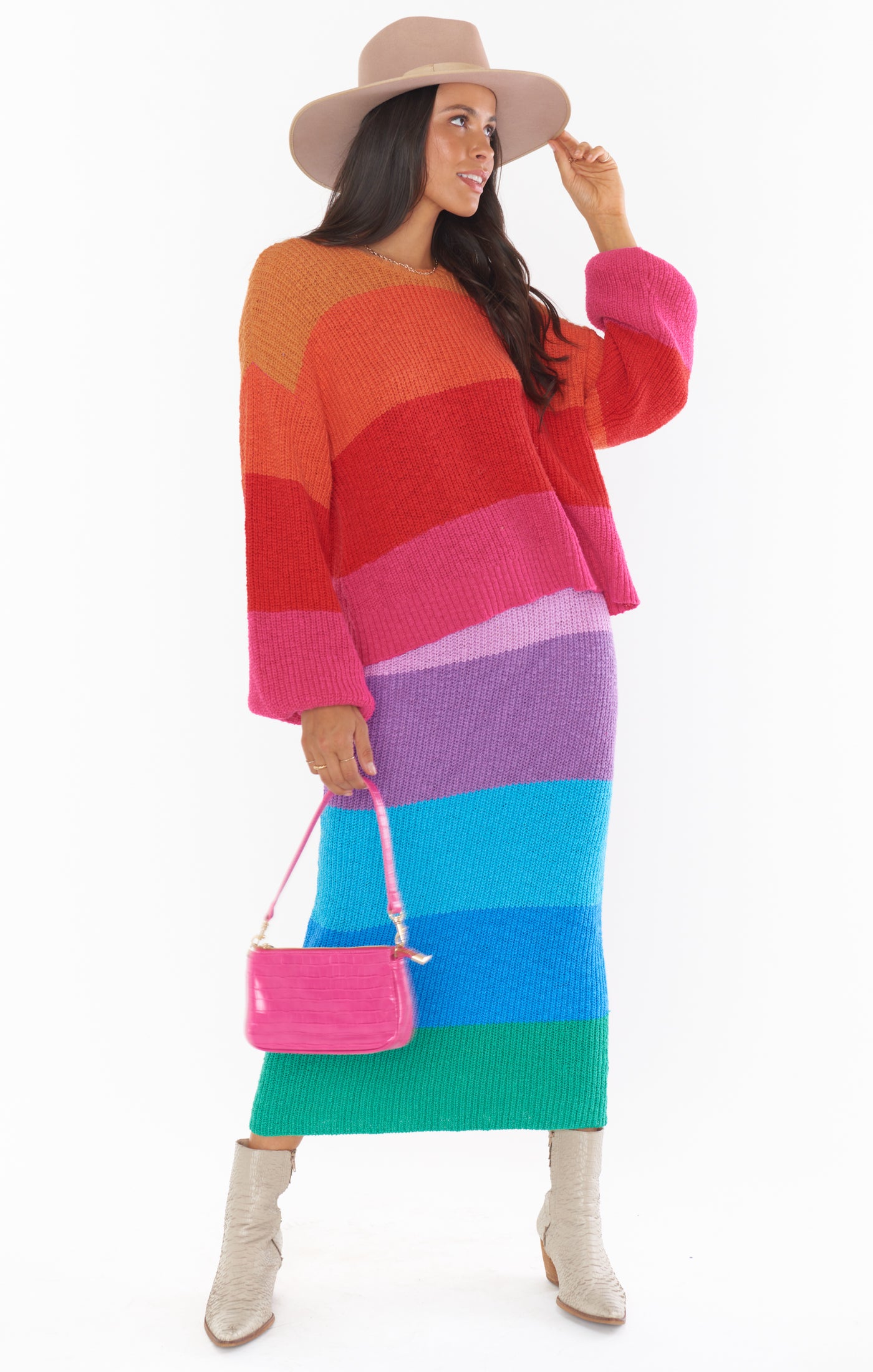 Pippa Sunset Stripe Knit Sweater Skirt - High Waisted Midi