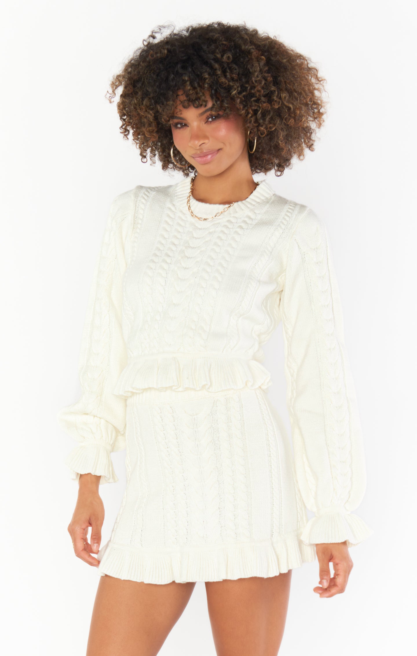 Cream Cable Knit Ridley Ruffle Skirt - Stretchy Mini with Ruffled Hem