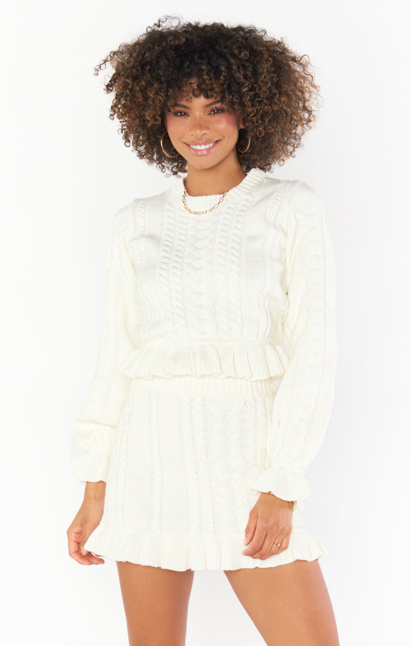 Cream Cable Knit Ridley Ruffle Skirt - Stretchy Mini with Ruffled Hem
