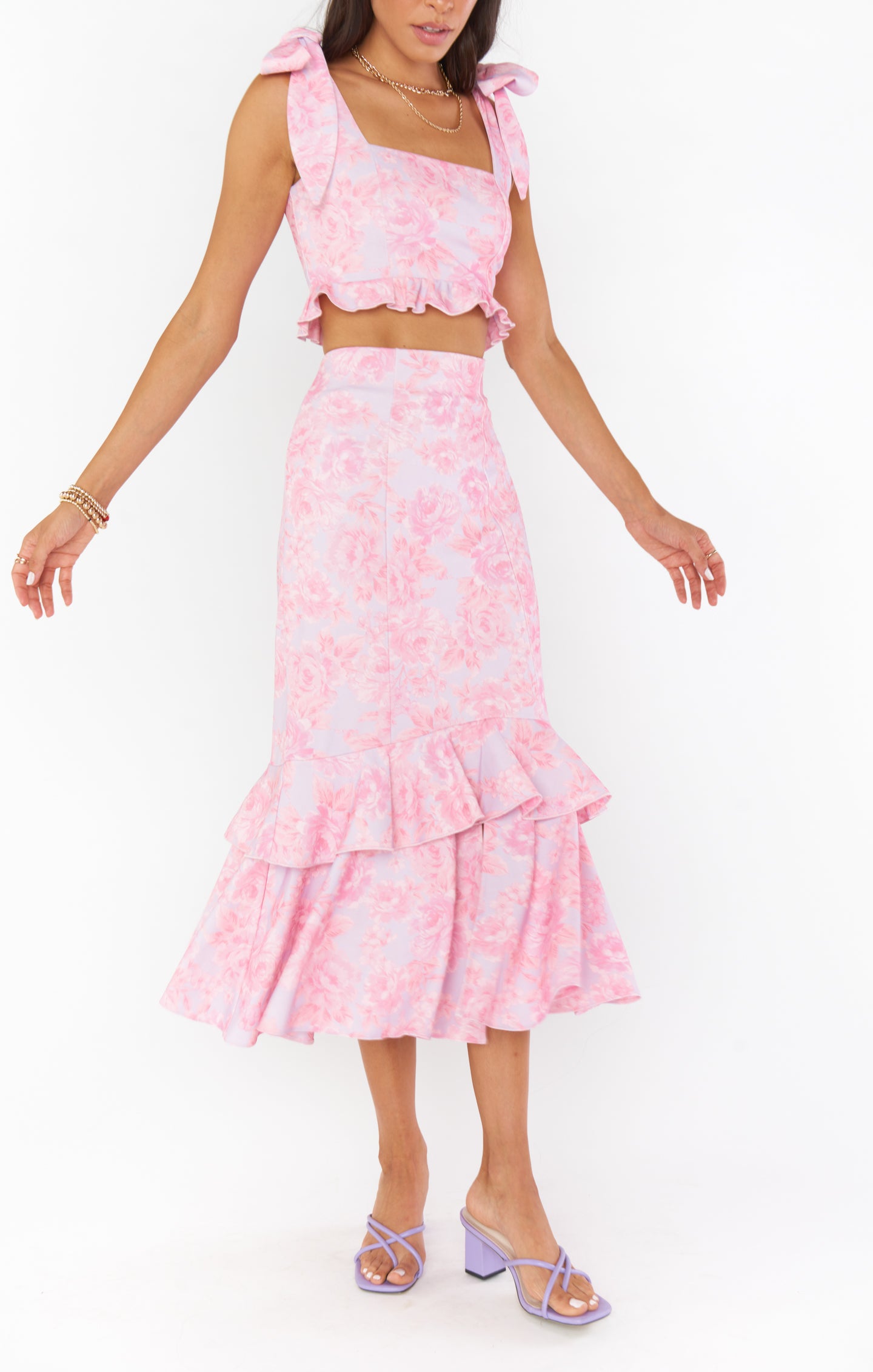 Blushing Floral Dutchess Ruffle Maxi Skirt with Slit