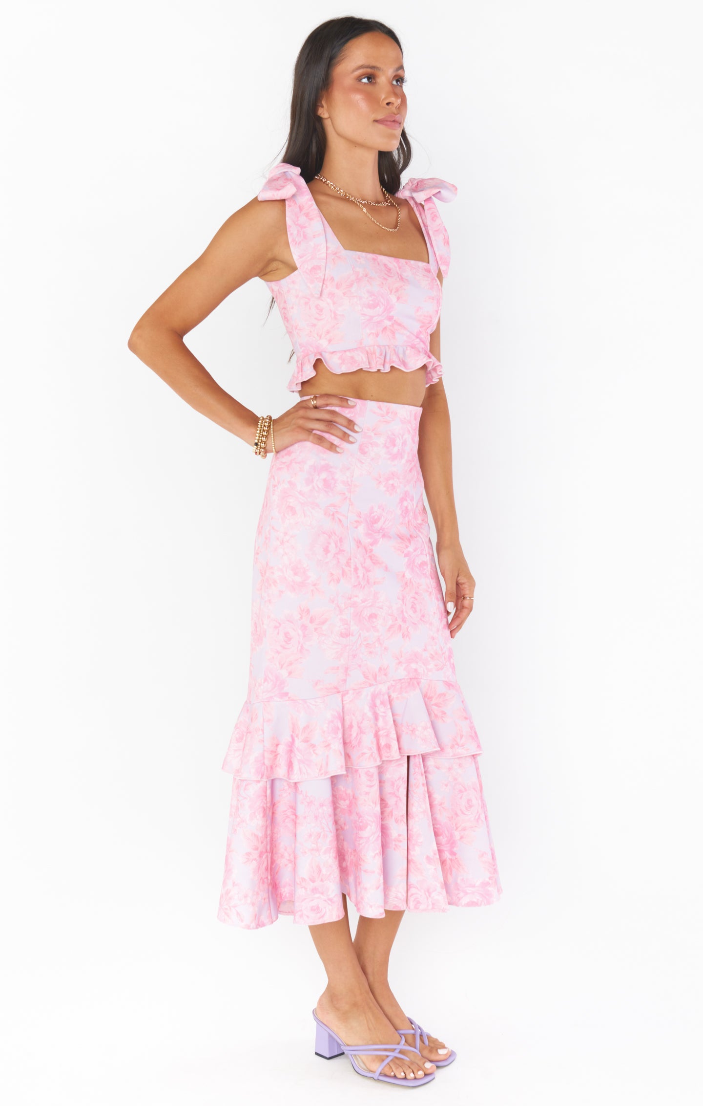 Blushing Floral Dutchess Ruffle Maxi Skirt with Slit