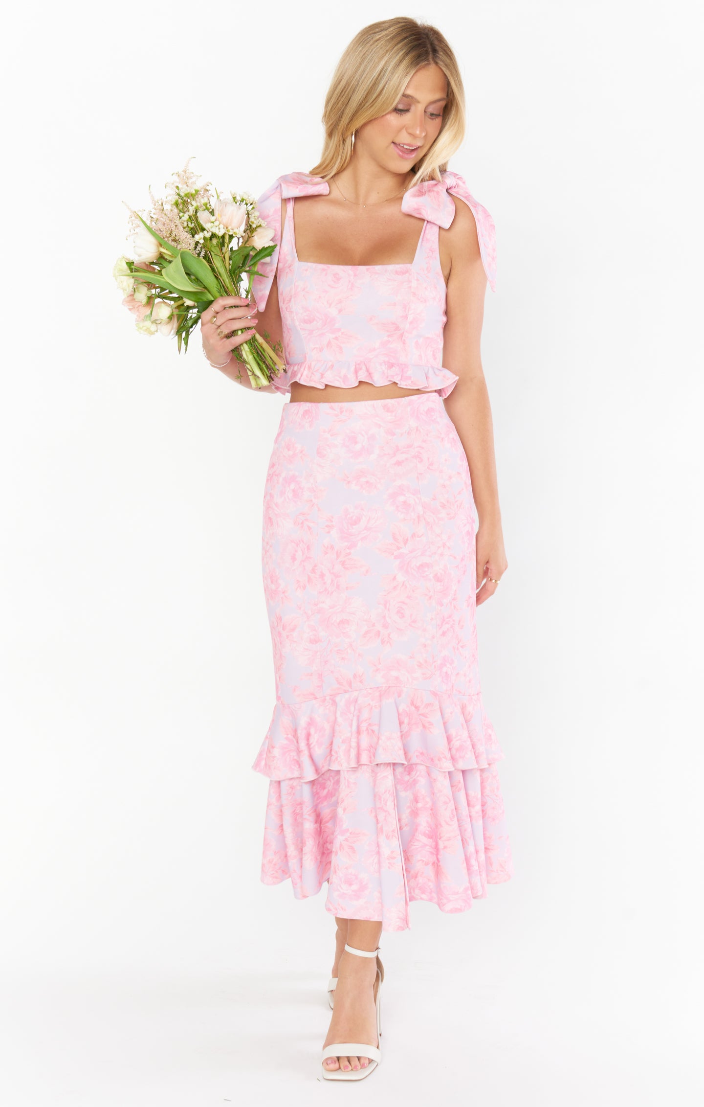 Blushing Floral Dutchess Ruffle Maxi Skirt with Slit